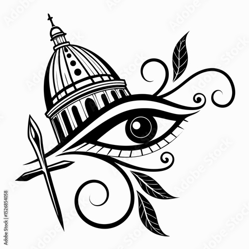 Eye of providence dome church cross leaves swirls black and white illustration