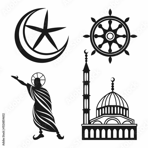 Religious symbols crescent star dharma wheel mosque jesus