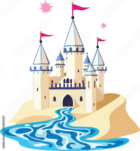 Beautiful castle illustration with river stream flowing amidst desert sand and pink stars.
