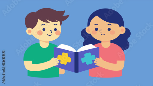 Two siblings exchanging a book filled with riddles and puzzles challenging each other to solve them and interact with the books content.. Vector illustration