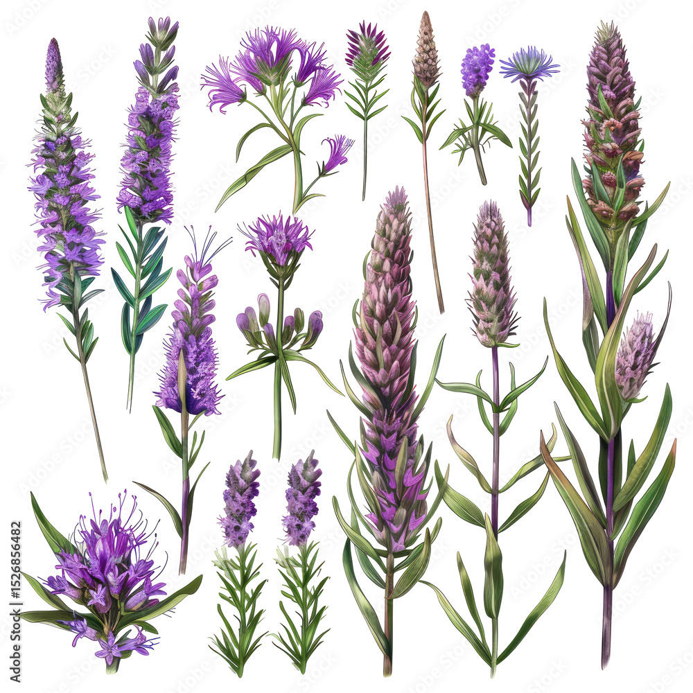 Naklejka premium Botanical Illustration Of Various Purple Wildflowers Isolated On White Background.