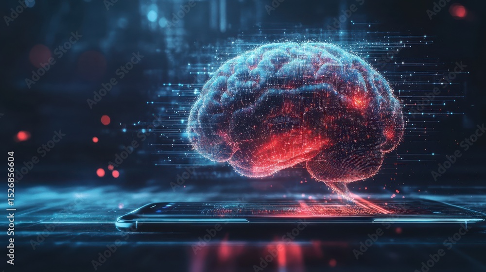 Futuristic depiction of a human brain with digital data streams emanating from a smartphone, symbolizing advanced technology and AI insights Futuristic depiction of a human brain with digital data streams emanating from a smartphone, symbolizing advanced technology and AI insights