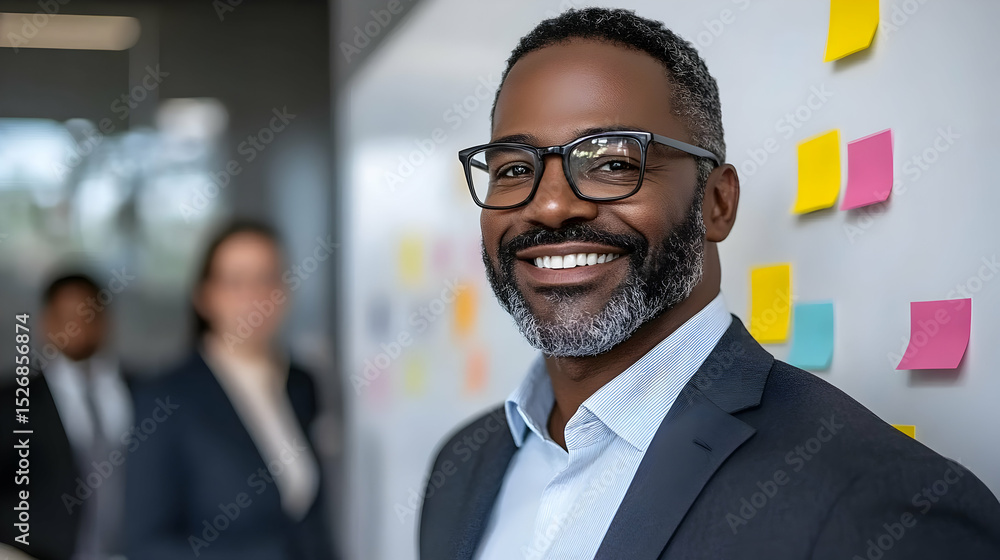 Smiling Businessman in Office with Colleagues Smiling Businessman in Office with Colleagues