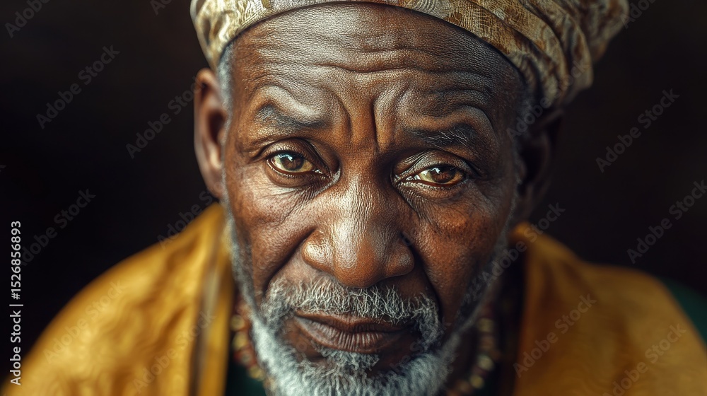 Portrait of an elderly African man in traditional clothing with a wise and weathered expression. Portrait of an elderly African man in traditional clothing with a wise and weathered expression.