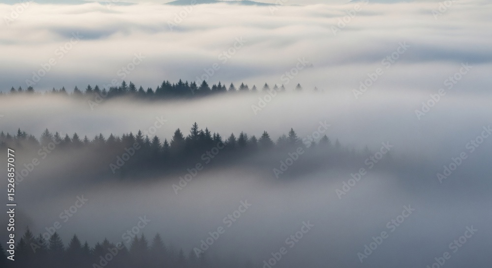 Fototapeta premium Misty mountain landscape with fog and trees nature background