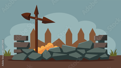 A crumbling stone fence is adorned with a rusted plow now a decorative piece instead of a functioning tool a nod to the past.. Vector illustration