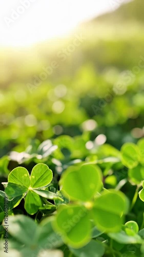 Three-leaf clover patch illuminated by bright sunlight, soft focus background with green foliage, natural background