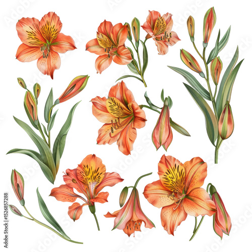 Alstroemeria Watercolor Isolated On White. Botanical Illustration Of Orange Peruvian Lilies For Design.