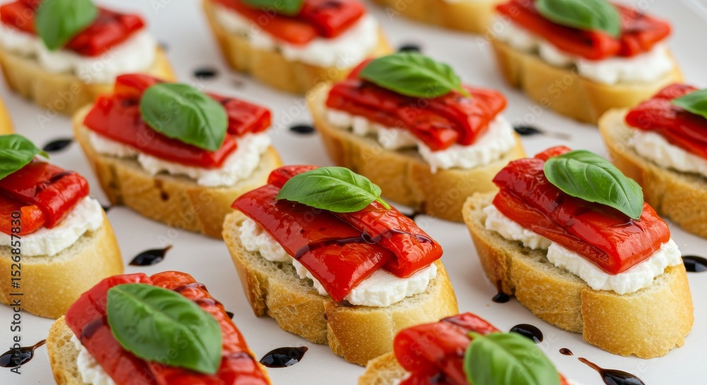 custom made wallpaper toronto digitalRows of baguette slices topped with ricotta, roasted red pepper, basil, and balsamic glaze, arranged on a white surface.