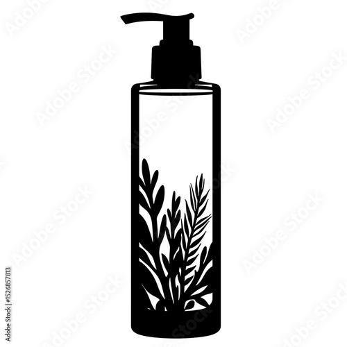Silhouette of skincare bottle with herbs on white background, natural beauty focus