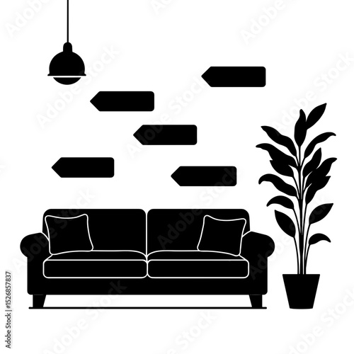 Silhouette of living room setup with sofa and plant on white background, home decor