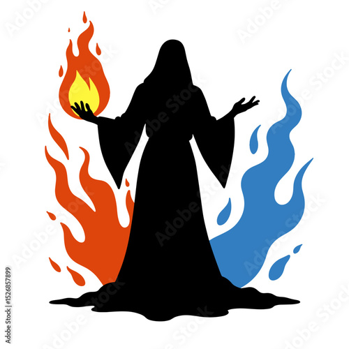 Elemental Mage Silhouette with Fire and Ice Symbols, Duality and Energy Concept
