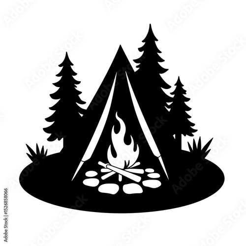 Silhouette of campsite with tent and fire, outdoor adventure icon, copyspace