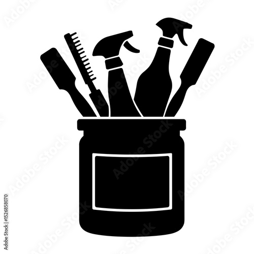 Silhouette of hair stylist tools in disinfectant jar on white background, hygiene safety