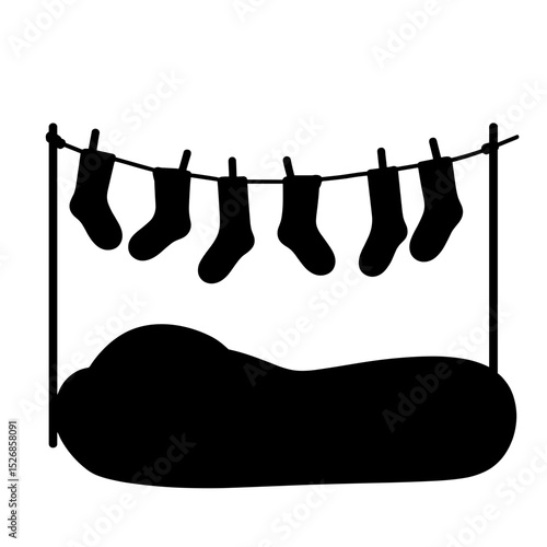 Silhouette of socks drying over sleeping bag, camp routine illustration