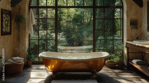 Rustic bathroom with a golden vintage bathtub, large glass windows, forest view, and natural sunlight creating a peaceful, spa-like ambiance.
