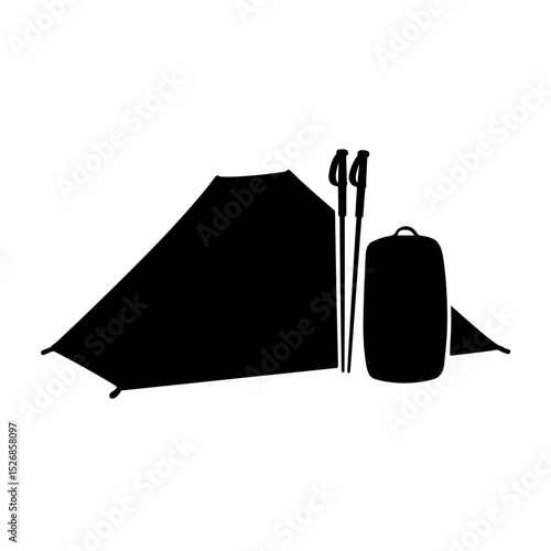 Silhouette of tent, trekking poles, and carry bag on white background – camping gear portability