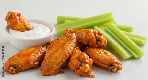 Close-up of buffalo wings with celery sticks and a dipping sauce bowl on a white surface.