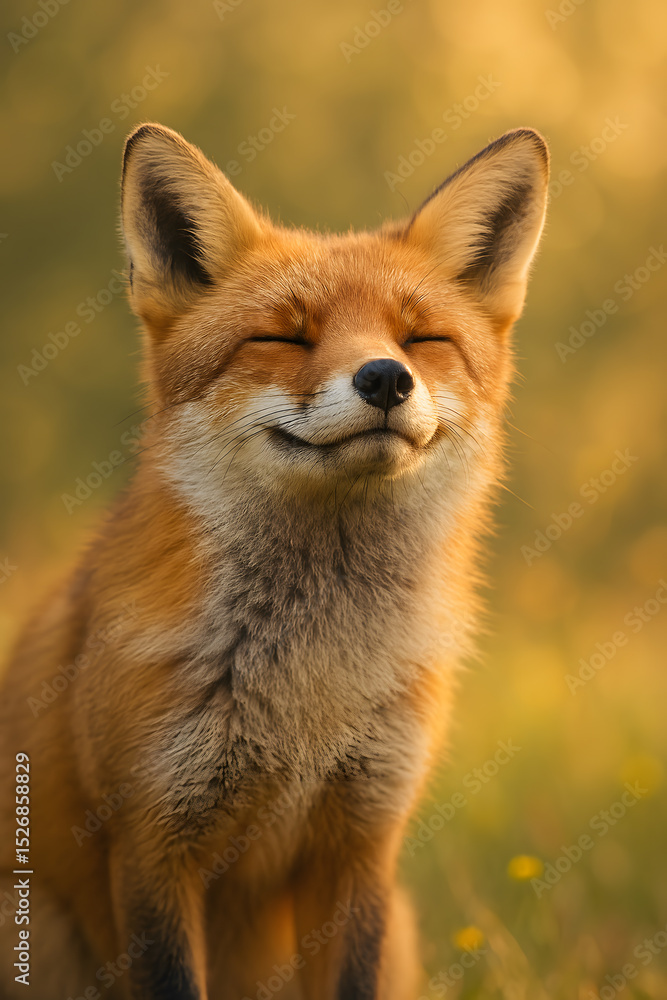 A delightful close-up of a fox with closed eyes and a contented smile, basking in the warm glow of golden light A delightful close-up of a fox with closed eyes and a contented smile, basking in the warm glow of golden light