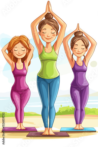 Women practicing yoga in colorful outfits