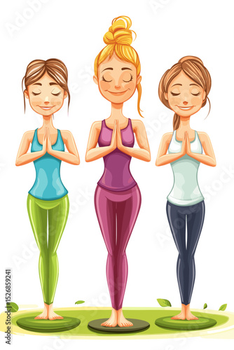 Women practicing yoga in colorful outfits