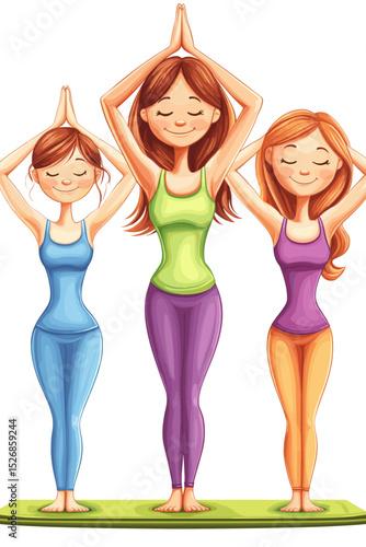 Women practicing yoga in colorful outfits