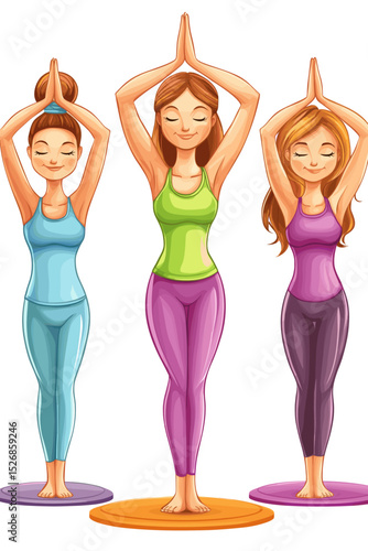 Women practicing yoga in colorful outfits