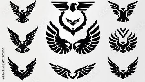Eagle silhouettes in various poses, decorative designs