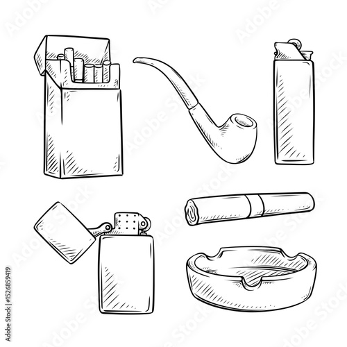 smoking vector line art drawing illustration set collection