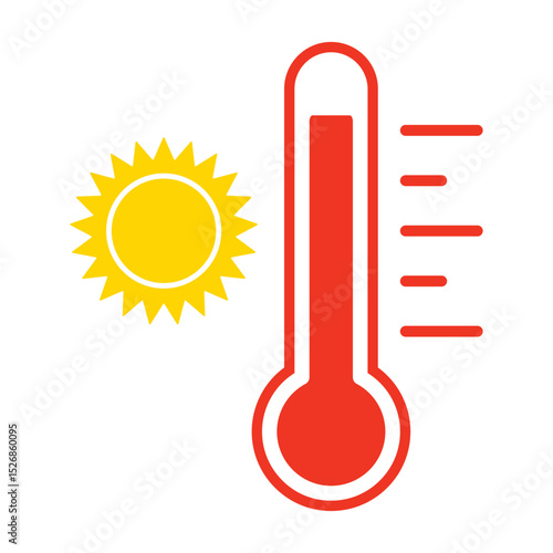 Thermometer reaching high temperatures. Temperature scale symbol, warm weather hot day sign. Thermometer with scale and sun icon flat style isolated on a white background vector illustration EPS 10.