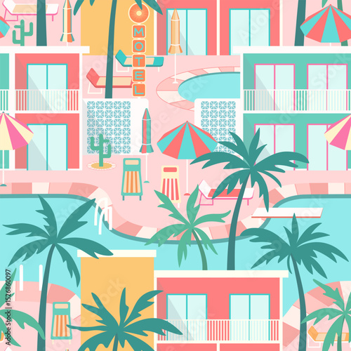 Hotel poolside scene seamless pattern. Palm trees, sun loungers, parasols, colorful motel buildings, pool area illustration in pastel colors. Sunny vibes. Summer vacation in mid-century modern style