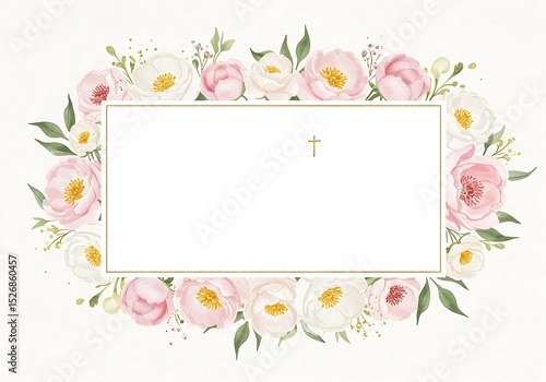 Floral frame with pink peonies and cross on textured background  