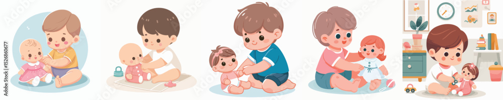 Vector of a baby playing with a doll Vector of a baby playing with a doll