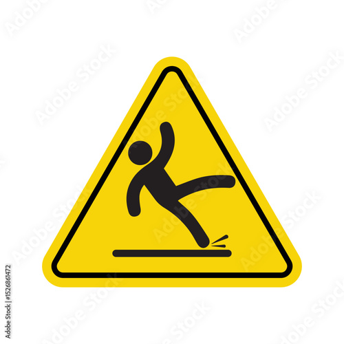 bright yellow triangular slip hazard sign with black slipping figure icon on white background for safety alert
