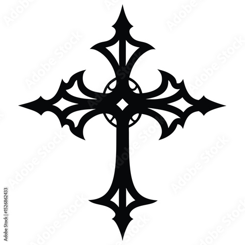 Intricate Ornate Cross Design Silhouette Against White Background, Gothic Religious Symbol Illustration