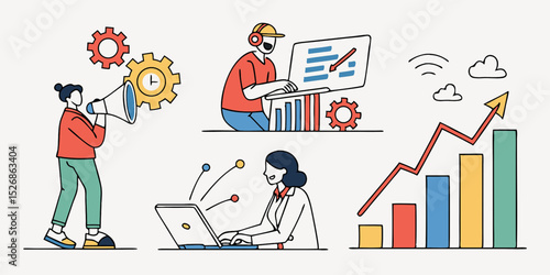 Vector  colorful business concept illustrations covering teamwork, analytics, growth, content, cloud, and customer support.
