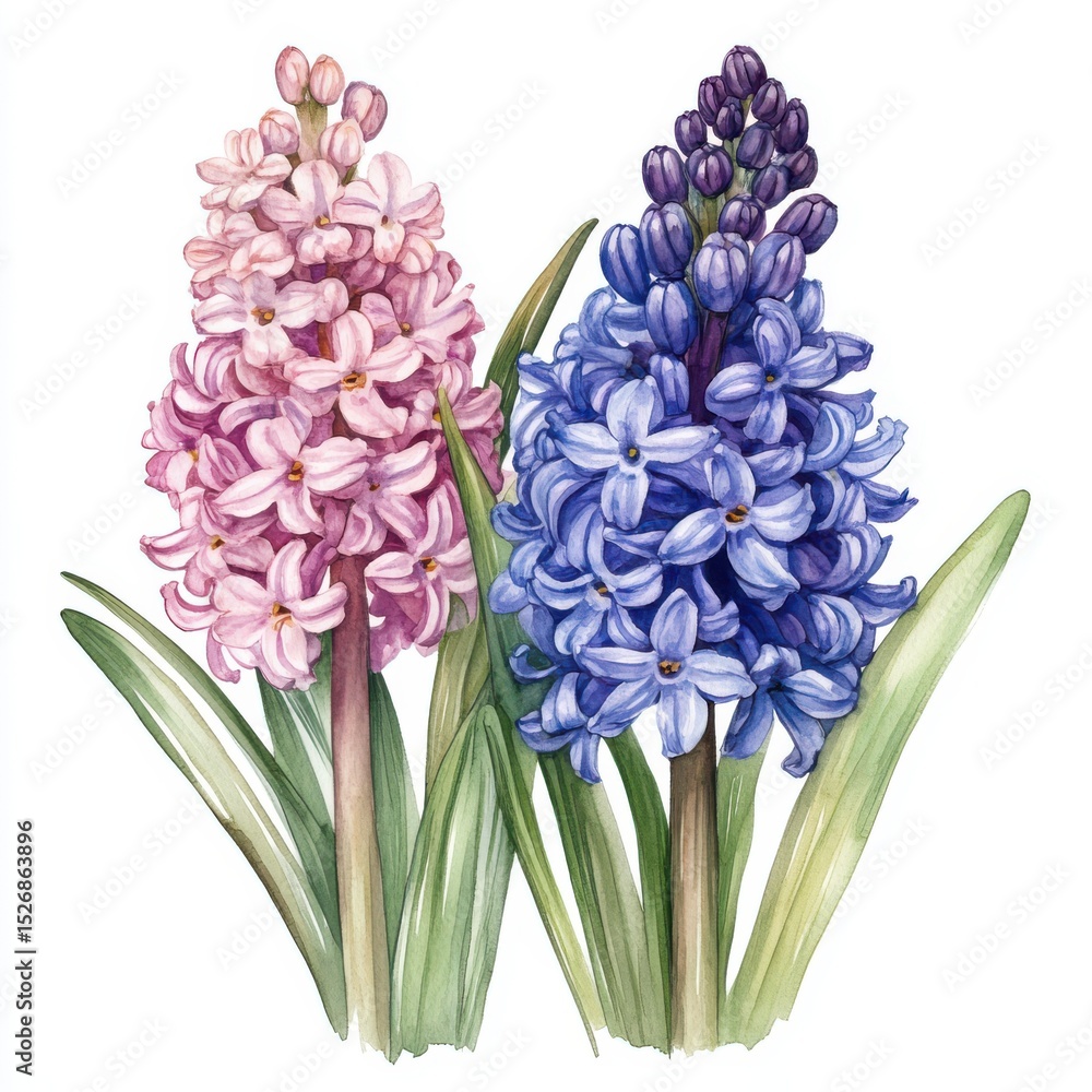 Fototapeta premium Pink and Blue Hyacinth Watercolor Painting Still Life