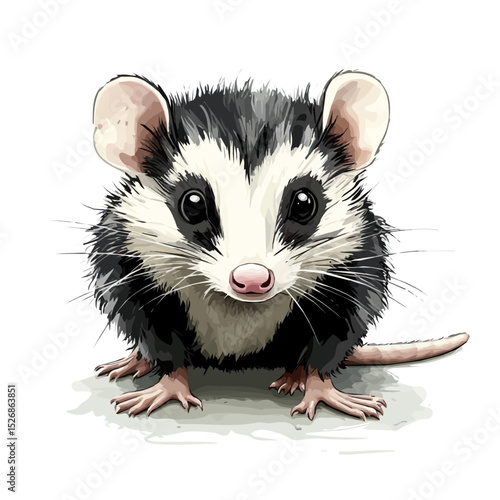 Opossum Close Up illustration vector 2D flat, isolated on a white background.