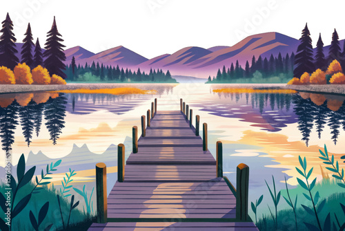 Vector illustration of a quiet wooden pier extending into a misty lake ideal for tranquil nature scenes, meditation themes, and peaceful landscape visuals
