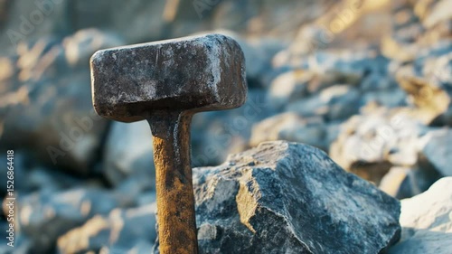 Rustic sledgehammer amidst a stony sunlit terrain
