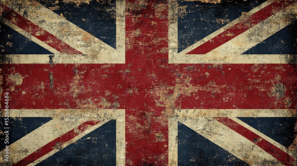Fototapeta premium A distressed British Union Jack flag with a grunge textured background, featuring faded colors and a worn-out look, representing the enduring legacy of the United Kingdom