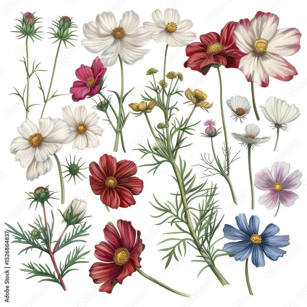 Botanical Cosmos Flowers In Varying Hues On White. Great For Backgrounds And Designs. Botanical Cosmos Flowers In Varying Hues On White. Great For Backgrounds And Designs.