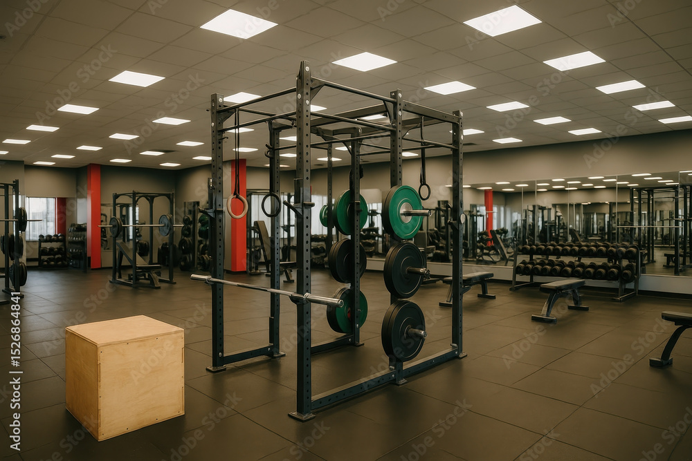Fototapeta premium Empty modern fitness gym interior with weightlifting equipment barbells benches mirrors and box under bright lighting