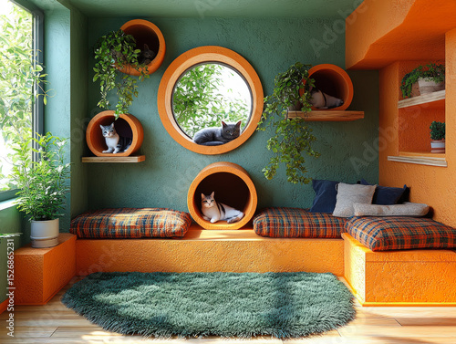 Colorful cat-friendly interior with round wall nooks, cozy seating, playful design, indoor plants, and natural light for a pet-loving home.
