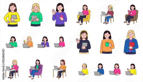 Hand-drawn vector set of female office professionals using laptops, tablets, and smartphones. Diverse businesswomen in different work poses and outfits. Flat line art style on white background