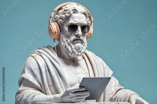 Ancient statue of a philosopher wearing headphones and sunglasses while using a tablet against a blue background
