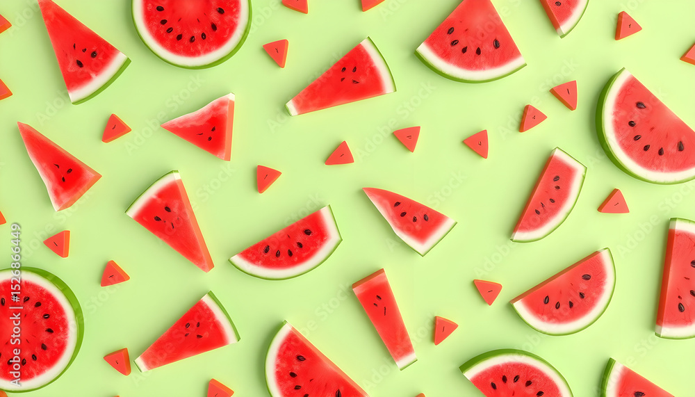 Refreshing watermelon patterns bright green background food photography summer vibes top view conceptual art Refreshing watermelon patterns bright green background food photography summer vibes top view conceptual art