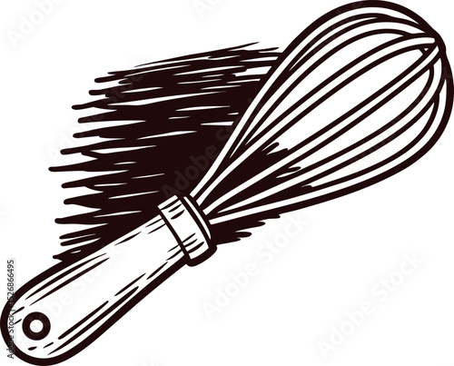 Hand drawn wire whisk illustration with wooden handle isolated on white background