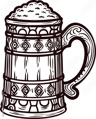 Hand drawn vintage wooden beer mug with detailed carving and frothy foam isolated on white background