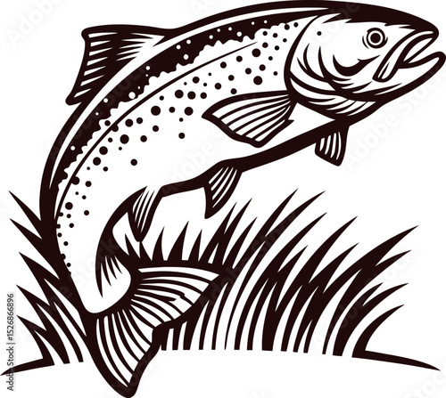 Jumping trout fish sketch with detailed fins, tail, and grass in monochrome hand drawn engraving illustration